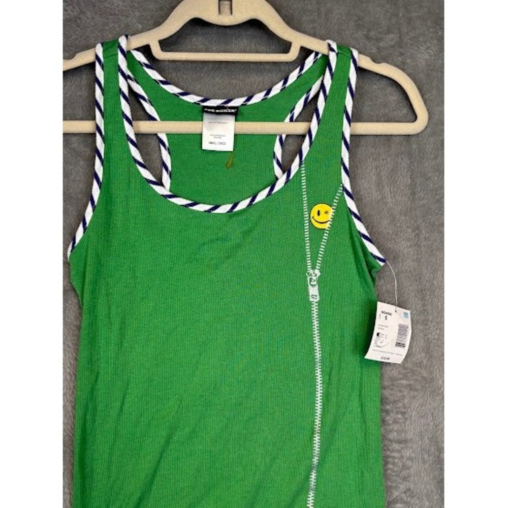Vintage Joe Boxer Green Smiley Face Zipper Ribbed Racerback‎ Tank Top NWT Small